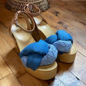 Sam & Libby Cassandra Sandal Indigo Platform Heel Womens size 8 denim jean